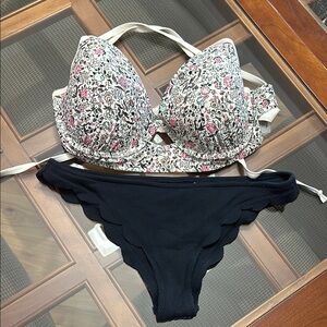 Abercrombie & Fitch Floral Crisscross Strap Bikini with Navy Scalloped Bottoms